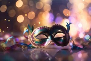 venezianisch Karneval Maske mit glänzend Beleuchtung und ein defokussiert Bokeh erstellt mit generativ ai Technologie. foto