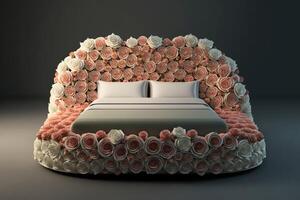 ein König Größe Bett gemacht vollständig von Rosen erstellt mit generativ ai Technologie. foto