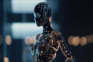 ein innovativ und elegant modern Kleid gemacht von Elektronik auf ein ai Roboter mit Sanft Bokeh Beleuchtung erstellt mit generativ ai Technologie. foto