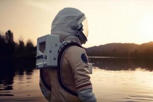 ein weiblich Astronaut steht durch ein See und sieht aus beim das Sterne erstellt mit generativ ai Technologie. foto