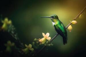 Porträt von ein Grün Kolibri auf ein Blume erstellt mit generativ ai Technologie. foto