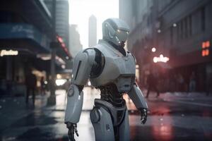ein ai Roboter im ein beschäftigt Straße erstellt mit generativ ai Technologie. foto