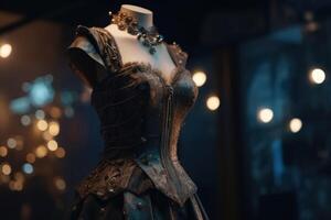 ein innovativ und elegant Kleid im ein Steampunk aussehen auf ein Mannequin mit Sanft Bokeh Beleuchtung erstellt mit generativ ai Technologie. foto