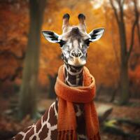 Giraffe im ein Orange warm Schal. generativ ai. foto