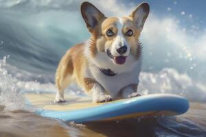 Corgi ist Reiten ein Surfbrett. generativ ai. foto