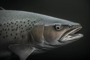 ein groß Fisch mit es ist Mund öffnen auf ein schwarz Hintergrund, generativ ai foto