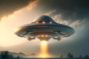 ein groß Außerirdischer Schiff fliegend durch ein wolkig Himmel, generativ ai foto
