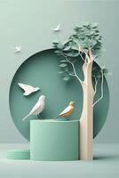 3d minimalistisch Sockel mit Papier Vögel. generativ ai foto