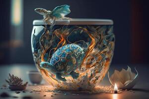 Schildkröte und Salamander Innerhalb ein klar Blau Orange Glas Schüssel neben Kerze Licht. generativ ai Illustration. foto