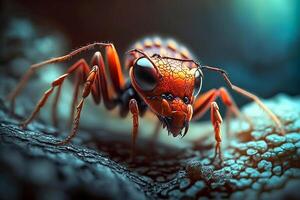 ein schließen oben von rot Feuer Ameise auf Rau Oberfläche umgeben durch defokussiert Umfeld. Ameisen Makro Fotografie. generativ ai Illustration. foto
