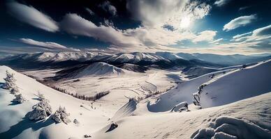 Winter Panorama schneebedeckt Berge, schneebedeckt Spitzen - - ai generiert Bild foto