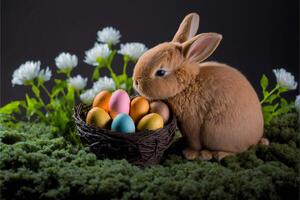 ai Bilder von glücklich Ostern mit Ostern Ei und Ostern Hase foto