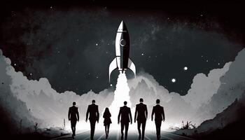Geschäft Konzept Illustration von Gruppe von Geschäftsmann Gehen gegenüber ein Rakete, Start oben Geschäft Konzept. generativ ai foto