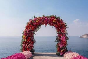 Blume Bogen auf das Strand. Hochzeit Installation. ai generiert foto