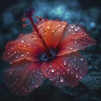 Hibiskus Blume Kopf mit Wasser Tropfen, erstellt mit generativ ai foto