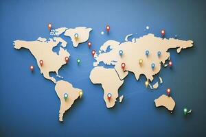 Stifte auf ein Welt Karte mit Flüge Verbindungen. ai generiert foto