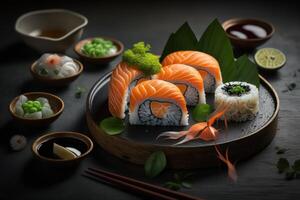 frisch schön Sushi Konfiguration mit Lachs maki und geheimnisvoll Zutaten. ai generiert foto