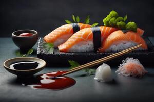 frisch schön Sushi Konfiguration mit Lachs maki und geheimnisvoll Zutaten. ai generiert foto