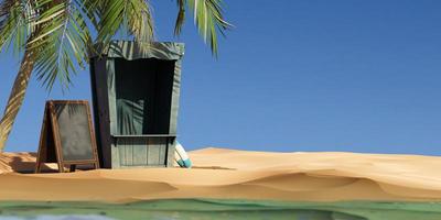 Strand Hütte mit ein Tafel im das Sand 3d machen foto