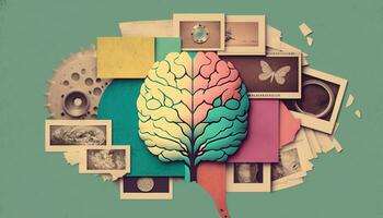 Gehirn auf alt Collage mit Bilder, Jahrgang Stil Collage. generativ ai Illustration foto
