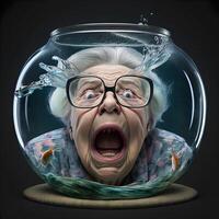 schreiend Oma gesperrt im ein klein Fisch Panzer. ai generativ foto
