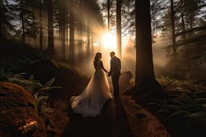 Hochzeit Silhouette Paar posieren auf Sonnenuntergang im schön Wald beim Hochzeit Tag. Braut und Bräutigam im Liebe. nicht existent Person. generativ ai. foto