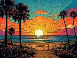 Illustration von Meer Landschaft Sommer- Strand mit Palmen, Boot, Horizont beim Sonnenuntergang. Artoon Stil Illustration zum t Hemd Design. generativ ai. foto