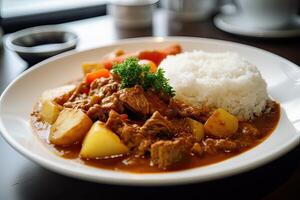 japanisch gewöhnliche Curry Reis Kartoffeln, Möhren, Zwiebeln und Rindfleisch im würzig Gelb Curry serviert mit gedämpft Reis. generativ ai foto