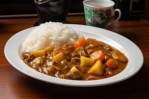 japanisch gewöhnliche Curry Reis Kartoffeln, Möhren, Zwiebeln und Rindfleisch im würzig Gelb Curry serviert mit gedämpft Reis. generativ ai foto