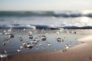 planschen Welle auf sandig Ufer mit funkelnd Sonnenschein auf Wasser. generativ ai. foto