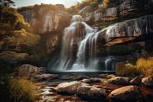 großartig Aussicht auf Wasserfall mit bunt Himmel während Sonnenuntergang. wunderbar Natur Landschaft. Reise ist ein Lebensstil, Konzept. Island Beliebt Platz von Reise und touristisch Standort. generativ ai. foto