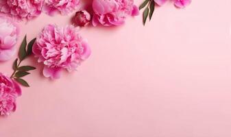 Blumen- Frühling Banner im Pastell- Farben mit Rosa Pfingstrose. Kopieren Raum. ai generiert. foto