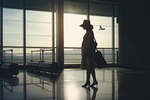Reise Konzept, Menschen im das Flughäfen ,Silhouette von jung Mädchen mit Gepäck Gehen beim Flughafen, Frauen zeigen etwas durch das Fenster, selektiv Fokus, Jahrgang Ton Farbe foto