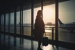 Reise Konzept, Menschen im das Flughäfen ,Silhouette von jung Mädchen mit Gepäck Gehen beim Flughafen, Frauen zeigen etwas durch das Fenster, selektiv Fokus, Jahrgang Ton Farbe foto