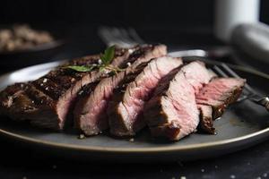 geschnitten Mittel Selten gegrillt Steak auf Teller foto