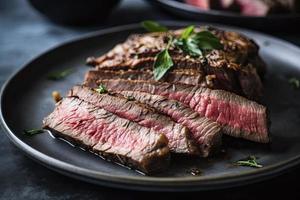 geschnitten Mittel Selten gegrillt Steak auf Teller foto