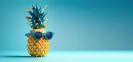 Ananas mit Sonnenbrille auf Blau Hintergrund, Sommer- Ferien Konzept. generativ ai foto
