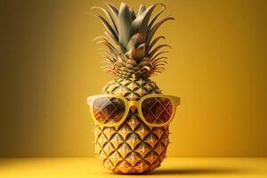 Ananas mit Sonnenbrille auf Gelb Hintergrund, Sommer- Ferien Konzept. generativ ai foto