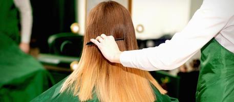 Friseur Kämmen lange Haar von Klient foto