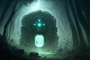 mystisch Portal im das Wald im das bilden von ein Golems Kopf, Grün Nebel. generativ ai foto