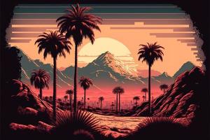 Wüste Sonnenuntergang Landschaft mit Palme Bäume und Berge, retro Stil, 80er. Digital Illustration. ai foto