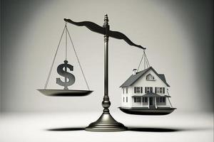 Waage mit Haus auf einer Seite und Geld auf das andere, Weiß Hintergrund. Digital Illustration. ai foto