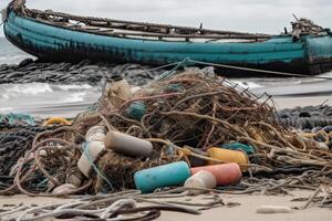 verschüttet Müll auf das Strand von das groß Stadt. leeren benutzt schmutzig Plastik Flaschen. schmutzig Meer sandig Ufer das schwarz Meer. Umwelt Verschmutzung. ökologisch Problem. generativ ai. foto