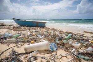 verschüttet Müll auf das Strand von das groß Stadt. leeren benutzt schmutzig Plastik Flaschen. schmutzig Meer sandig Ufer das schwarz Meer. Umwelt Verschmutzung. ökologisch Problem. generativ ai. foto