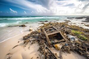 verschüttet Müll auf das Strand von das groß Stadt. leeren benutzt schmutzig Plastik Flaschen. schmutzig Meer sandig Ufer das schwarz Meer. Umwelt Verschmutzung. ökologisch Problem. generativ ai. foto