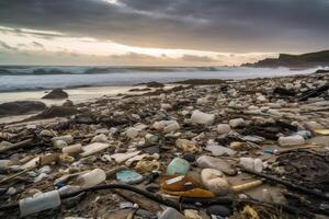 verschüttet Müll auf das Strand von das groß Stadt. leeren benutzt schmutzig Plastik Flaschen. schmutzig Meer sandig Ufer das schwarz Meer. Umwelt Verschmutzung. ökologisch Problem. generativ ai. foto