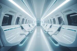 futuristisch Zug Innere Innerhalb Sicht. futuristisch Zug Innere mit leeren Sitze. generativ ai. foto