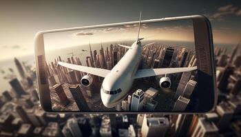 Flugzeug Kommen aus von Clever Telefon Bildschirm. ai generativ Illustration foto