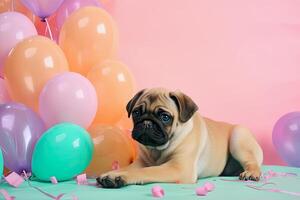 generativ ai Illustration von ein süß Hund im Vorderseite von Party Luftballons foto