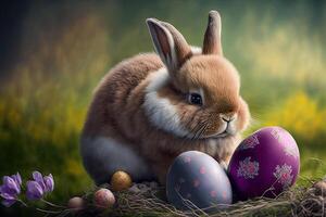 generativ ai Illustration von ein süß Ostern Hase mit Pastell- farbig Ostern Eier foto